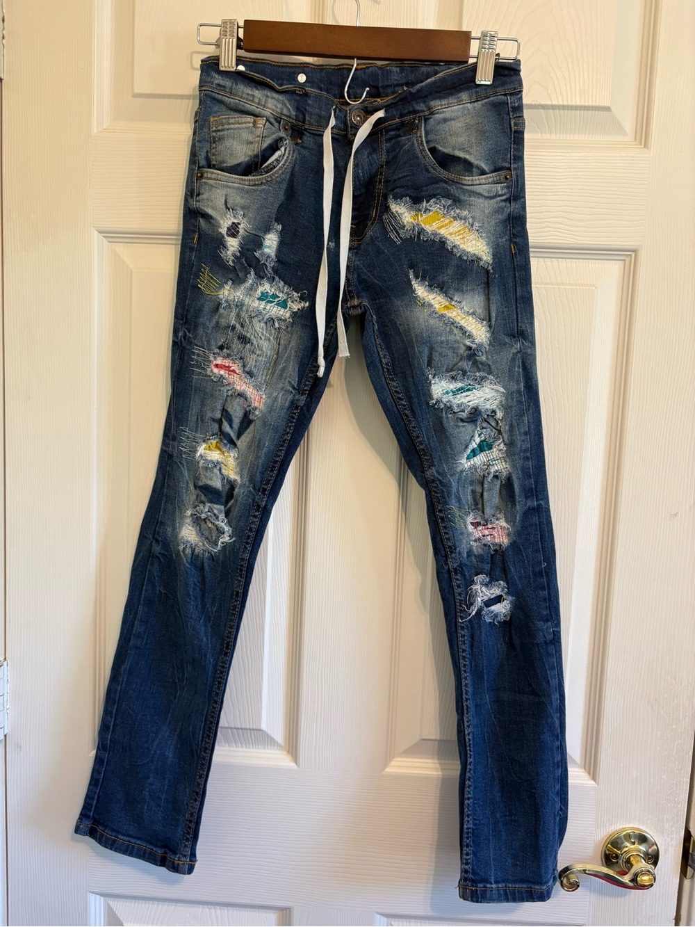 Evolution Kids Distressed Dark Blue Denim Jeans with Multicolor Patchwork Sz 14